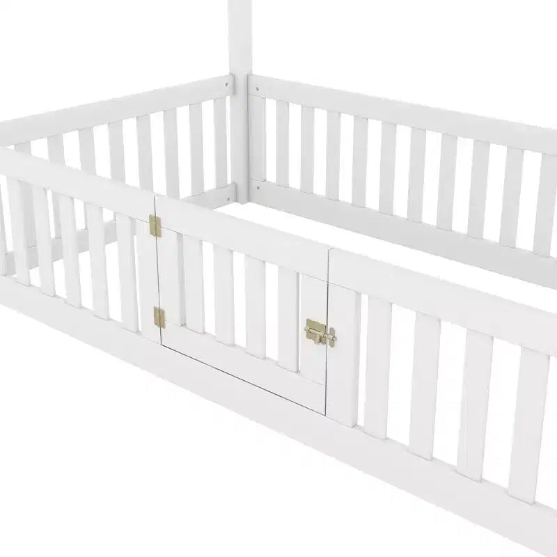 Lit cabane en bois double/complet avec clôture et porte pour enfants, en pin, sans sommier tapissier requis
