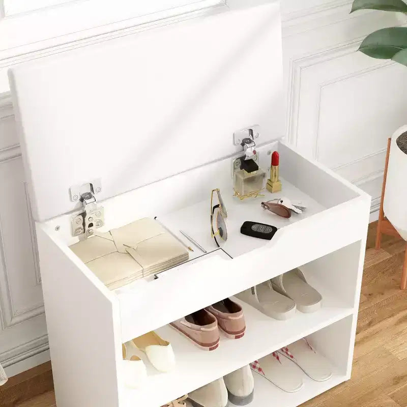 Banc à chaussures avec double étagère et coussin en cuir, design léger et moderne, capacité de 6 paires