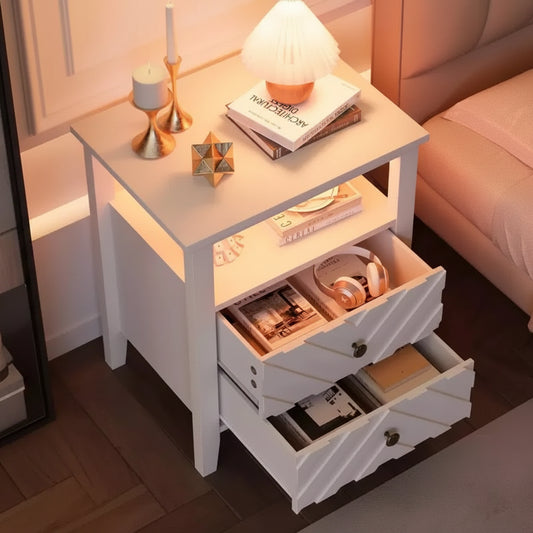 Table de chevet de ferme blanche avec 2 tiroirs, éclairage d'ambiance et étagère ouverte, 50 cm L