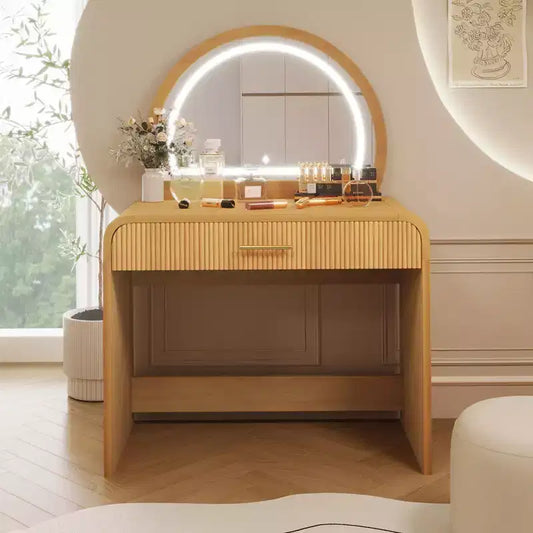Coiffeuse d'angle de 99 cm avec miroir éclairé, éclairage dimmable, finition naturelle