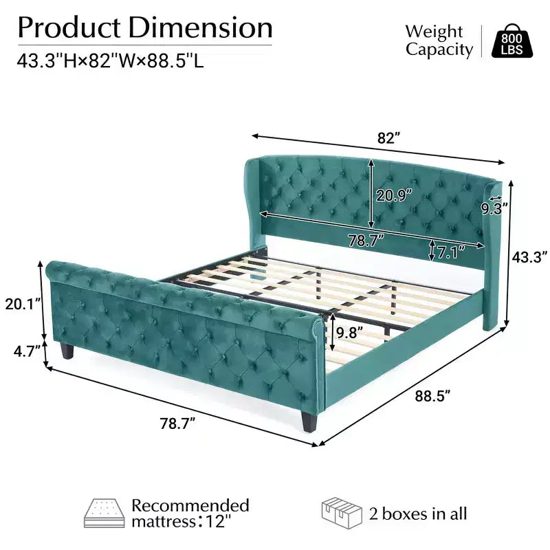 Lit King à plateforme traîneau, tête de lit à oreilles, velours capitonné, capacité de 363 kg