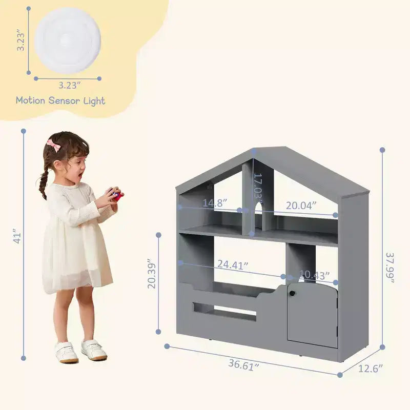 Bibliothèque enfant à 2 étages avec lumière à détecteur de mouvement, organisateur de rangement pour jouets en forme de maison