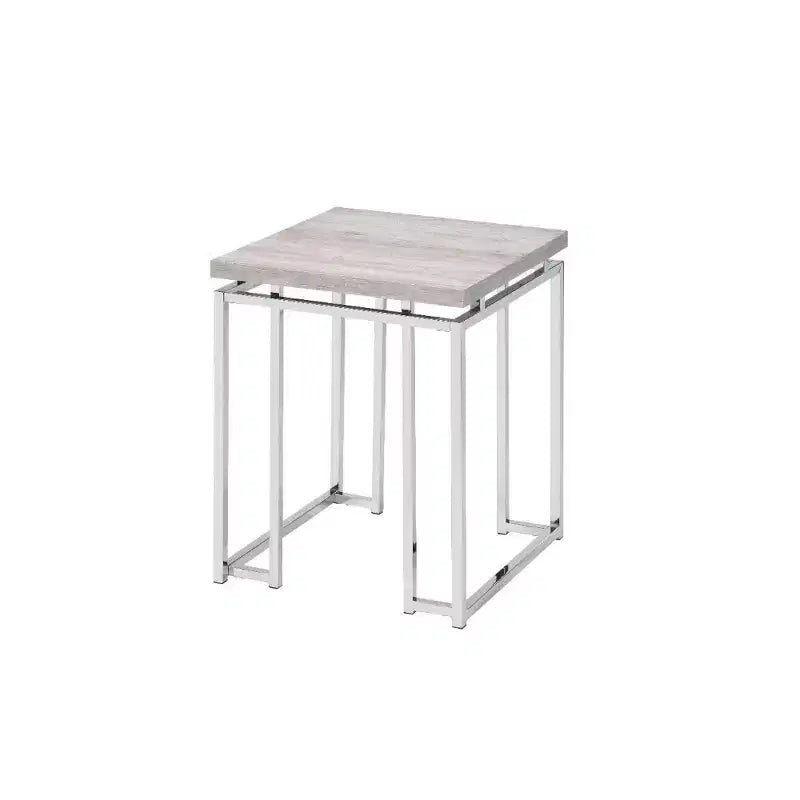 Table d'appoint carrée 61 cm Chêne Naturel et Chrome, Structure en fer avec plateau en verre recyclé, Aucun assemblage requis