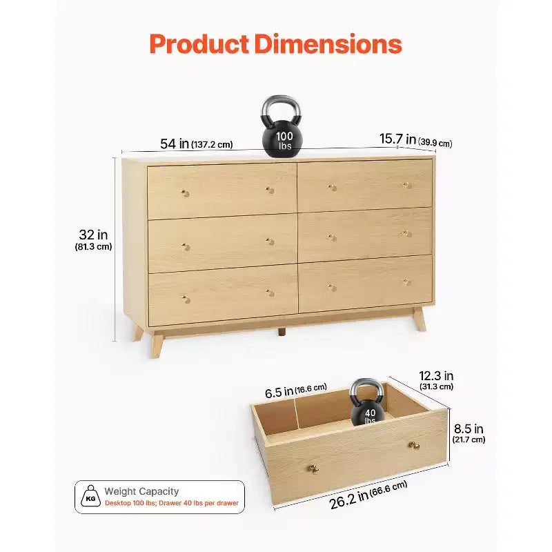 Commode en bois à 6 tiroirs avec dispositif anti-basculement, style minimaliste moderne, bois clair