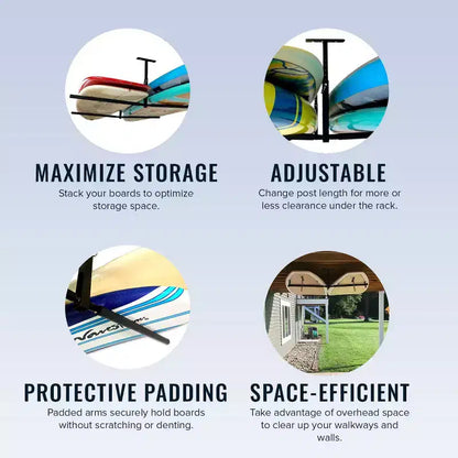 Support de rangement de plafond réglable pour SUP et planches de surf, double, supporte 68 kg, acier thermolaqué