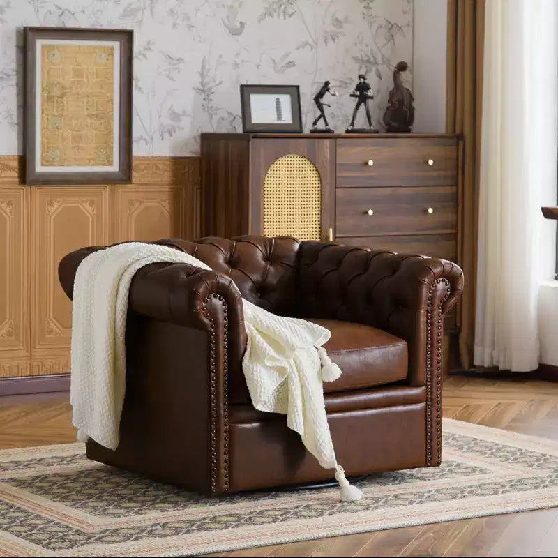 Fauteuil Club Pivotant Capitonnée avec Accoudoirs Ronds, Similicuir Vert Foncé, 181 kg
