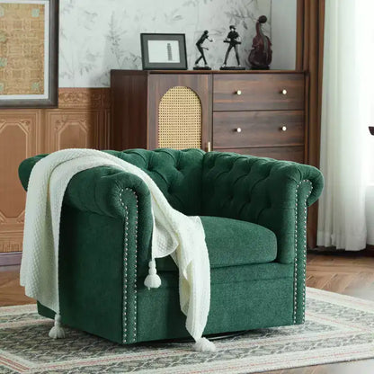 Fauteuil Club Pivotant Capitonnée avec Accoudoirs Ronds, Similicuir Vert Foncé, 181 kg