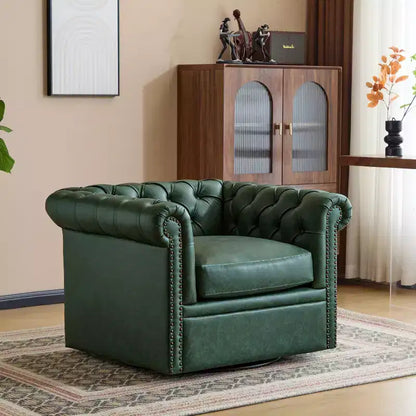 Fauteuil Club Pivotant Capitonnée avec Accoudoirs Ronds, Similicuir Vert Foncé, 181 kg