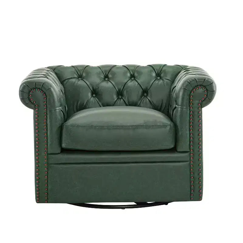 Fauteuil Club Pivotant Capitonnée avec Accoudoirs Ronds, Similicuir Vert Foncé, 181 kg