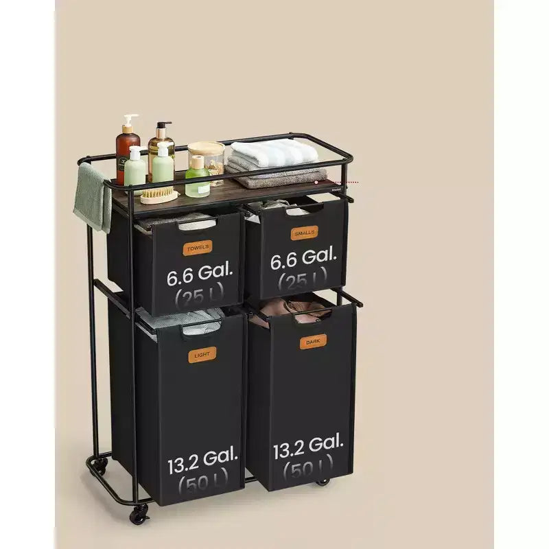Trieur à linge roulant, panier à 4 sacs de 150 L avec roulettes et étagère supérieure, Noir Encre
