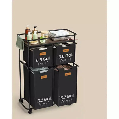 Trieur à linge roulant, panier à 4 sacs de 150 L avec roulettes et étagère supérieure, Noir Encre