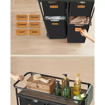 Trieur à linge roulant, panier à 4 sacs de 150 L avec roulettes et étagère supérieure, Noir Encre