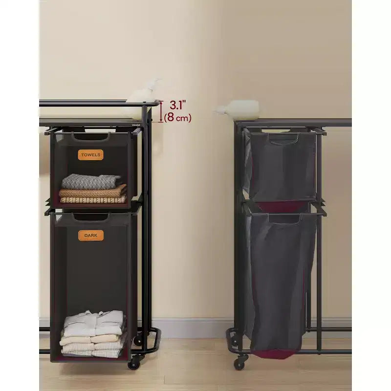 Trieur à linge roulant, panier à 4 sacs de 150 L avec roulettes et étagère supérieure, Noir Encre