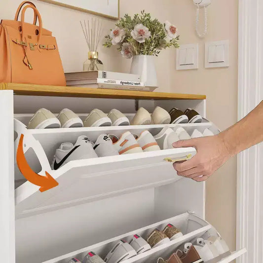 Meuble de rangement à chaussures blanc de 90 cm avec compartiments pliables et tiroir, pour plus de 20 paires