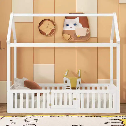 Lit cabane en bois double/complet avec clôture et porte pour enfants, en pin, sans sommier tapissier requis