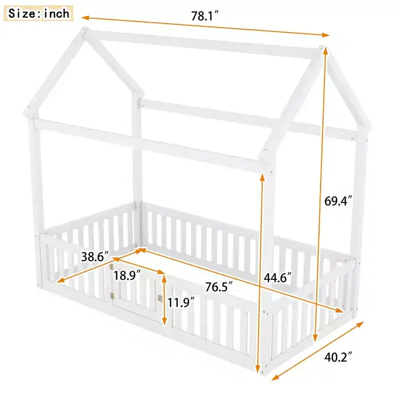 Lit cabane en bois double/complet avec clôture et porte pour enfants, en pin, sans sommier tapissier requis