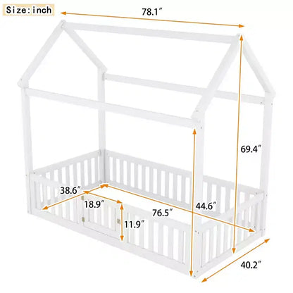 Lit cabane en bois double/complet avec clôture et porte pour enfants, en pin, sans sommier tapissier requis