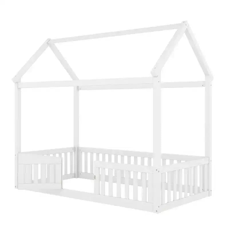 Lit cabane en bois double/complet avec clôture et porte pour enfants, en pin, sans sommier tapissier requis