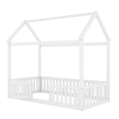 Lit cabane en bois double/complet avec clôture et porte pour enfants, en pin, sans sommier tapissier requis