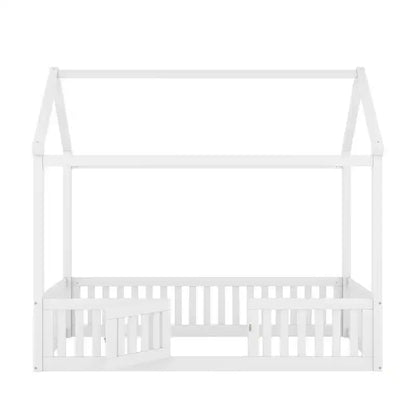 Lit cabane en bois double/complet avec clôture et porte pour enfants, en pin, sans sommier tapissier requis
