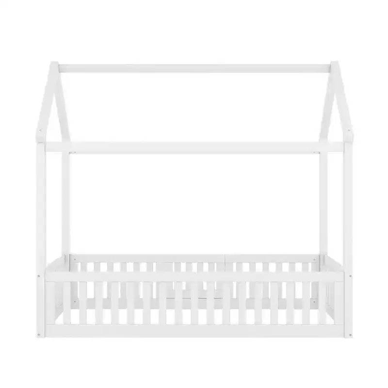 Lit cabane en bois double/complet avec clôture et porte pour enfants, en pin, sans sommier tapissier requis
