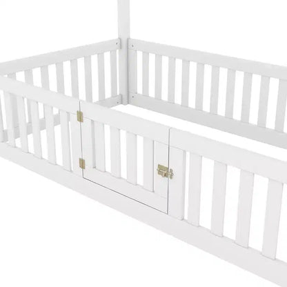Lit cabane en bois double/complet avec clôture et porte pour enfants, en pin, sans sommier tapissier requis