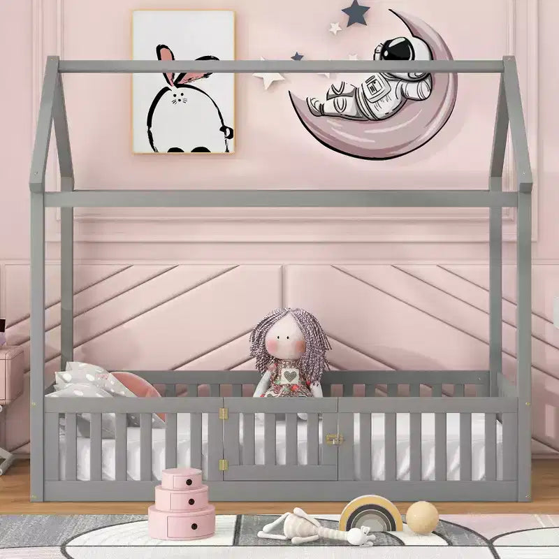 Lit cabane en bois double/complet avec clôture et porte pour enfants, en pin, sans sommier tapissier requis