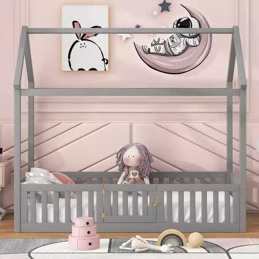Lit cabane en bois double/complet avec clôture et porte pour enfants, en pin, sans sommier tapissier requis