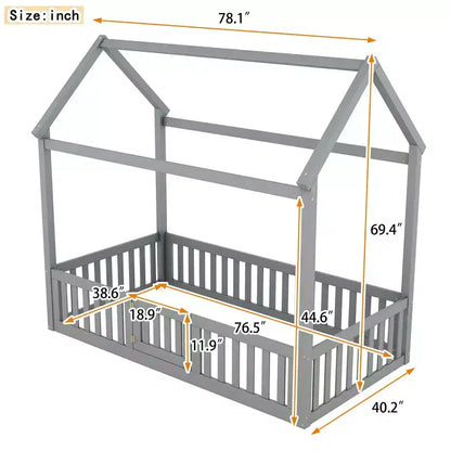 Lit cabane en bois double/complet avec clôture et porte pour enfants, en pin, sans sommier tapissier requis