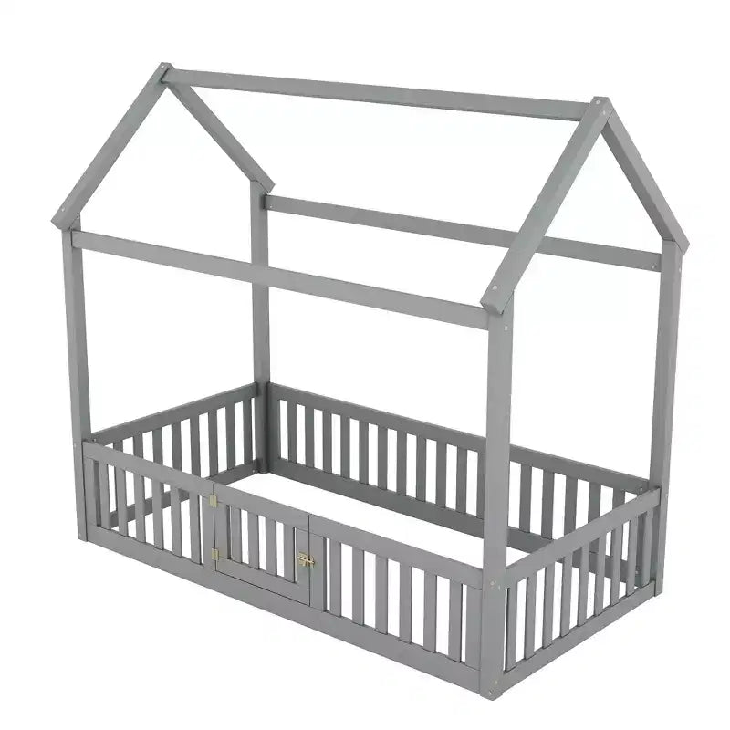Lit cabane en bois double/complet avec clôture et porte pour enfants, en pin, sans sommier tapissier requis