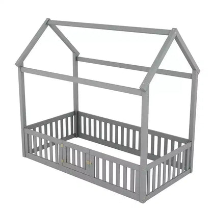 Lit cabane en bois double/complet avec clôture et porte pour enfants, en pin, sans sommier tapissier requis