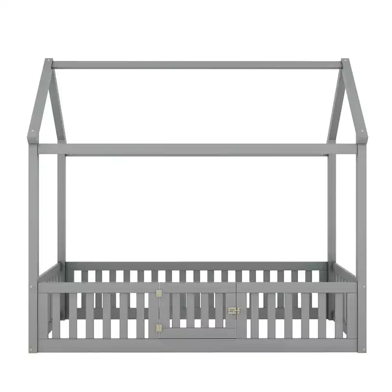 Lit cabane en bois double/complet avec clôture et porte pour enfants, en pin, sans sommier tapissier requis
