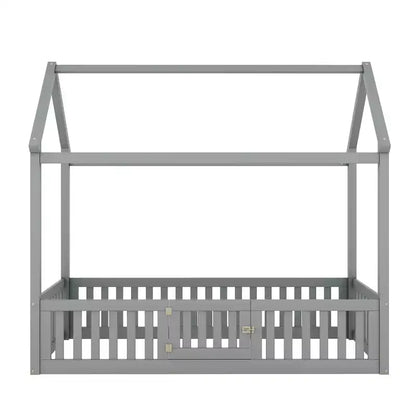 Lit cabane en bois double/complet avec clôture et porte pour enfants, en pin, sans sommier tapissier requis