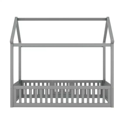 Lit cabane en bois double/complet avec clôture et porte pour enfants, en pin, sans sommier tapissier requis