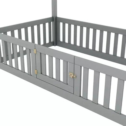 Lit cabane en bois double/complet avec clôture et porte pour enfants, en pin, sans sommier tapissier requis