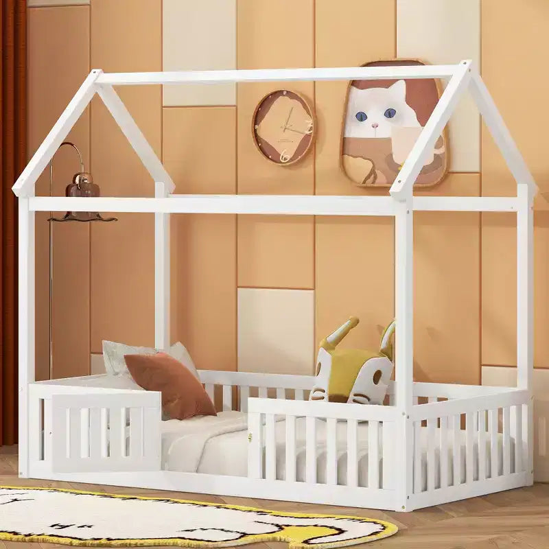 Lit cabane en bois double/complet avec clôture et porte pour enfants, en pin, sans sommier tapissier requis