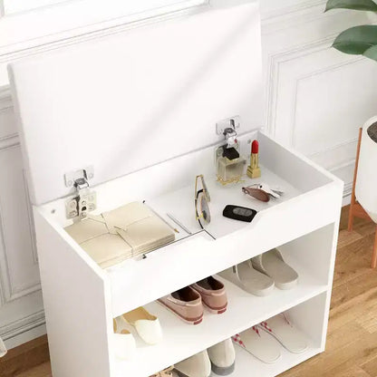 Banc à chaussures avec double étagère et coussin en cuir, design léger et moderne, capacité de 6 paires