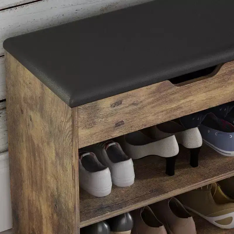 Banc à chaussures avec double étagère et coussin en cuir, design léger et moderne, capacité de 6 paires