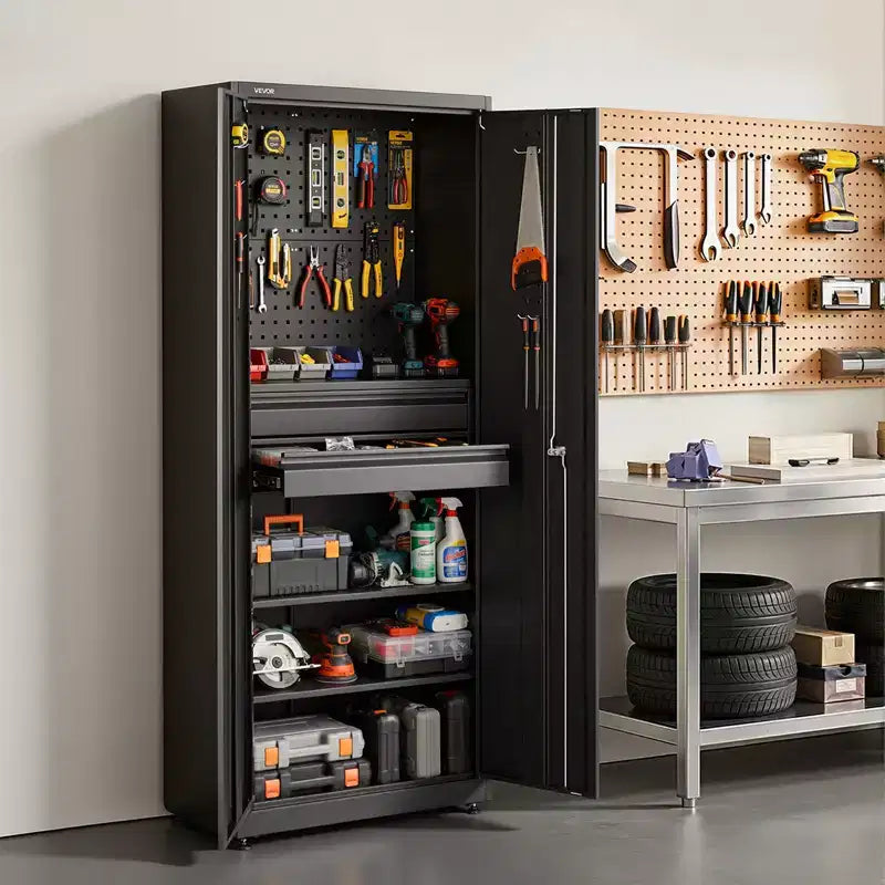 Armoire de rangement métallique de 180 cm, capacité d'étagère de 81,6 kg, 2 portes verrouillables et 2 tiroirs, noire