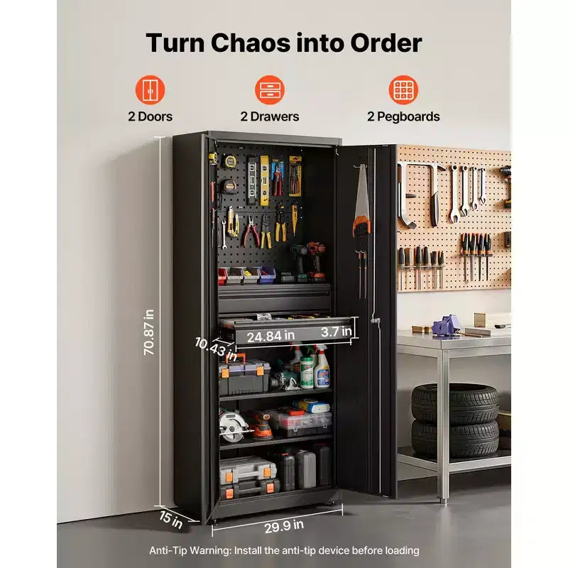 Armoire de rangement métallique de 180 cm, capacité d'étagère de 81,6 kg, 2 portes verrouillables et 2 tiroirs, noire