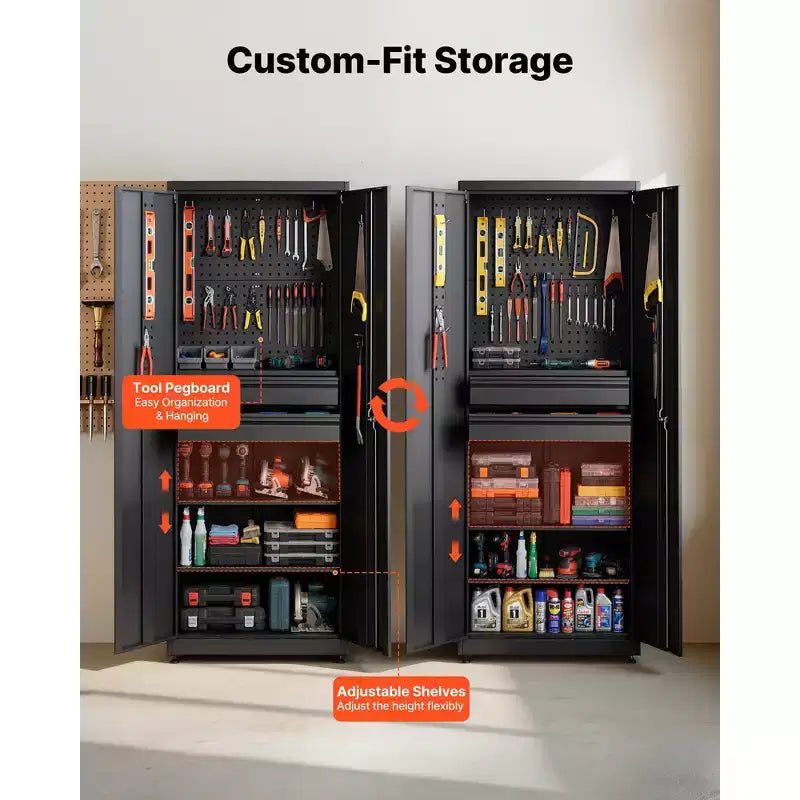 Armoire de rangement métallique de 180 cm, capacité d'étagère de 81,6 kg, 2 portes verrouillables et 2 tiroirs, noire