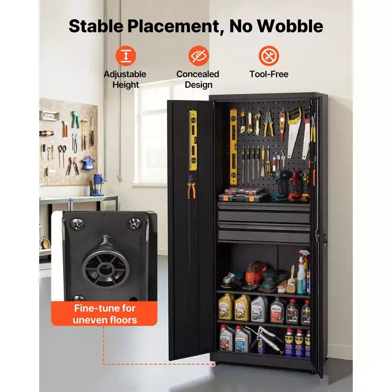 Armoire de rangement métallique de 180 cm, capacité d'étagère de 81,6 kg, 2 portes verrouillables et 2 tiroirs, noire