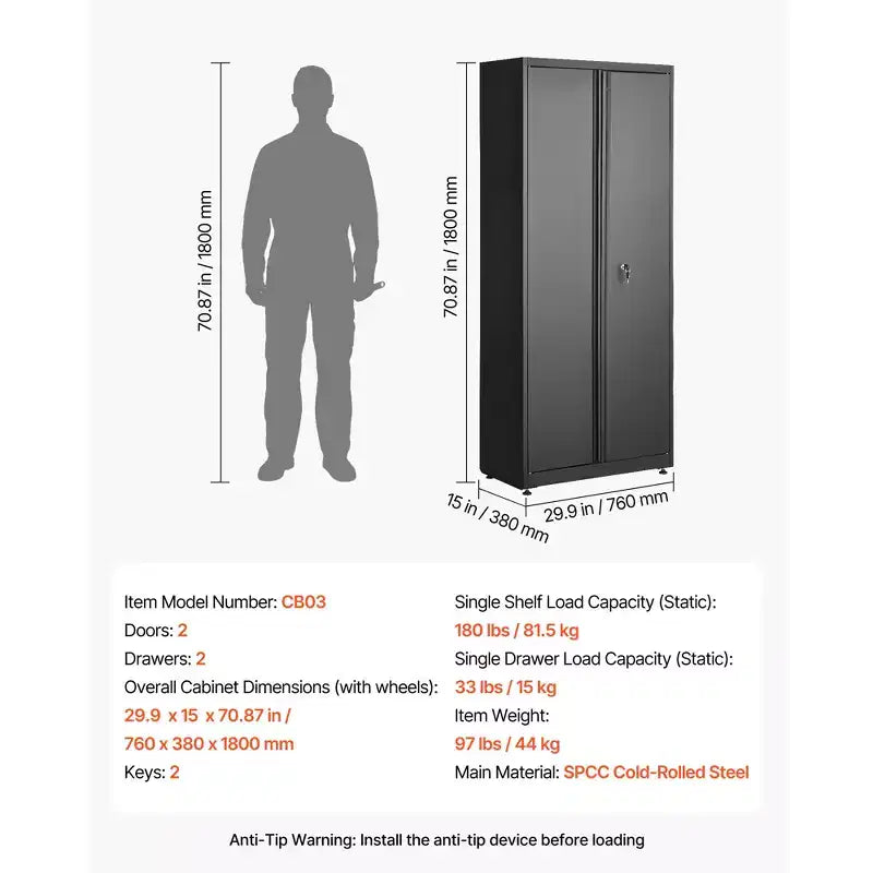 Armoire de rangement métallique de 180 cm, capacité d'étagère de 81,6 kg, 2 portes verrouillables et 2 tiroirs, noire