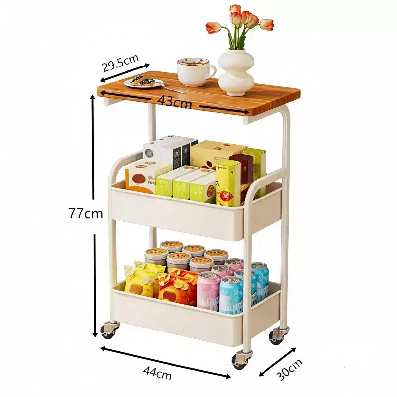 Chariot de rangement à roulettes 3 niveaux avec plateau en bois et structure métallique, roues verrouillables pour la cuisine