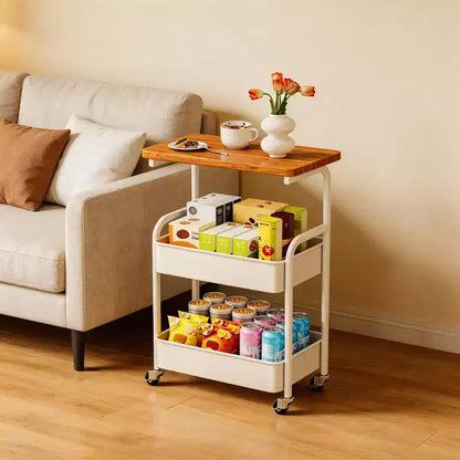 Chariot de rangement à roulettes 3 niveaux avec plateau en bois et structure métallique, roues verrouillables pour la cuisine