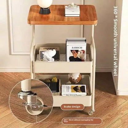 Chariot de rangement à roulettes 3 niveaux avec plateau en bois et structure métallique, roues verrouillables pour la cuisine