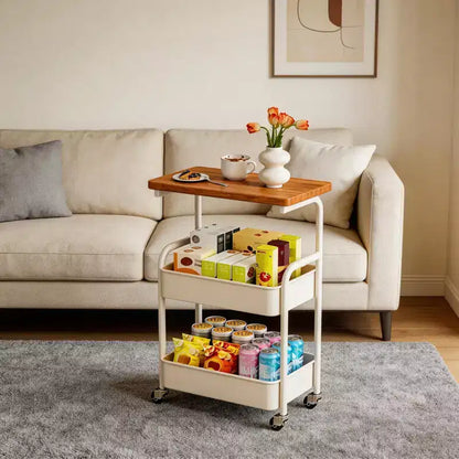 Chariot de rangement à roulettes 3 niveaux avec plateau en bois et structure métallique, roues verrouillables pour la cuisine