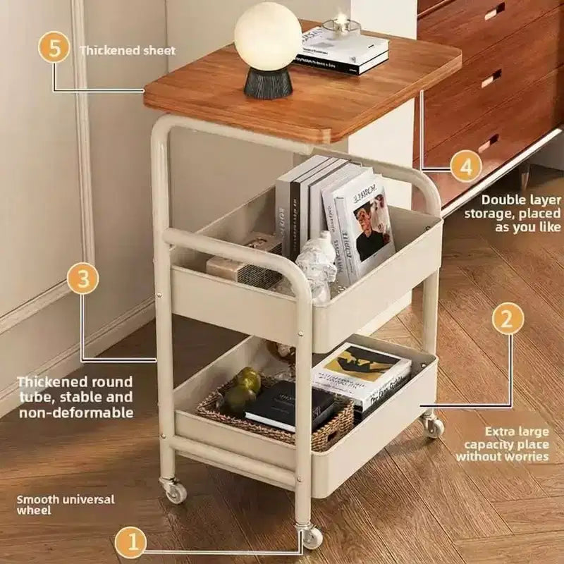 Chariot de rangement à roulettes 3 niveaux avec plateau en bois et structure métallique, roues verrouillables pour la cuisine