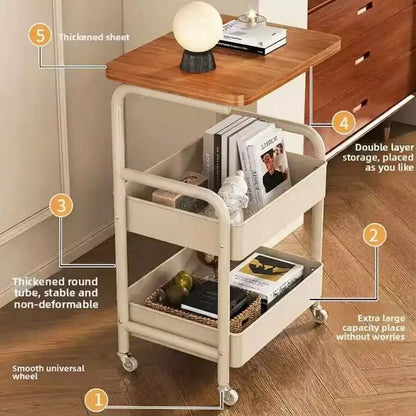 Chariot de rangement à roulettes 3 niveaux avec plateau en bois et structure métallique, roues verrouillables pour la cuisine