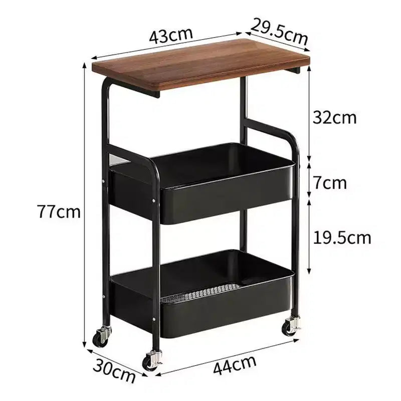 Chariot de rangement à roulettes 3 niveaux avec plateau en bois et structure métallique, roues verrouillables pour la cuisine